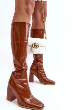 New Boto Lakierowane Kozaki Na Słupku Przed Kolano Brązowe Mlokva