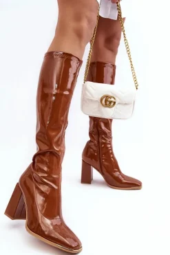 New Boto Lakierowane Kozaki Na Słupku Przed Kolano Brązowe Mlokva