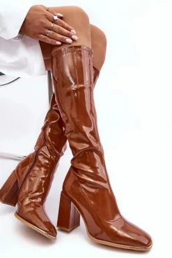New Boto Lakierowane Kozaki Na Słupku Przed Kolano Brązowe Mlokva