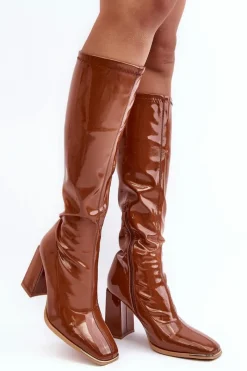 New Boto Lakierowane Kozaki Na Słupku Przed Kolano Brązowe Mlokva