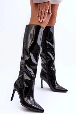 Discount Lakierowane Kozaki Na Szpilce Czarne Melisandra Damskie Kozaki Przed Kolano|Kozaki Na Obcasie