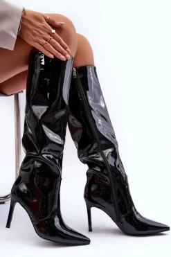 Discount Lakierowane Kozaki Na Szpilce Czarne Melisandra Damskie Kozaki Przed Kolano|Kozaki Na Obcasie
