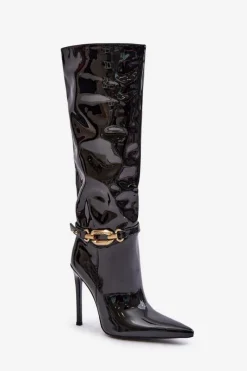 Kozaki Ocieplane|Kozaki Na Szpilce></noscript>Boto Lakierowane Kozaki Na Szpilce Ze Złotą Ozdobą Czarne Tistaria
