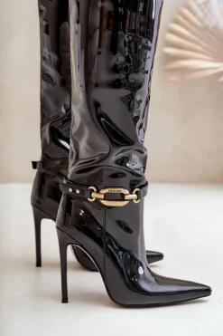 Kozaki Ocieplane|Kozaki Na Szpilce></noscript>Boto Lakierowane Kozaki Na Szpilce Ze Złotą Ozdobą Czarne Tistaria