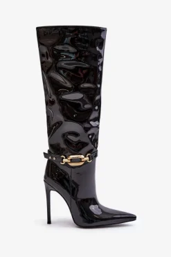 Kozaki Ocieplane|Kozaki Na Szpilce></noscript>Boto Lakierowane Kozaki Na Szpilce Ze Złotą Ozdobą Czarne Tistaria