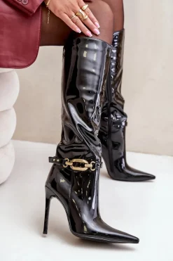 Kozaki Ocieplane|Kozaki Na Szpilce></noscript>Boto Lakierowane Kozaki Na Szpilce Ze Złotą Ozdobą Czarne Tistaria