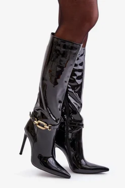 Kozaki Ocieplane|Kozaki Na Szpilce></noscript>Boto Lakierowane Kozaki Na Szpilce Ze Złotą Ozdobą Czarne Tistaria