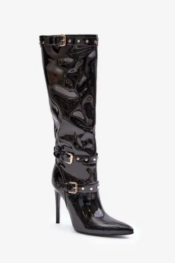 New Boto Lakierowane Kozaki Na Szpilce Z Klamrami Czarne Emiraethe