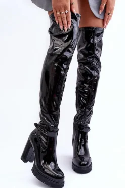 Discount Boto Lakierowane Kozaki Za Kolano Na Masywnym Słupku Czarne Kytia Czarny