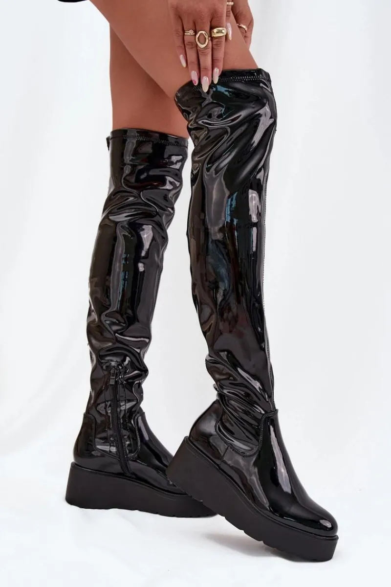 Sale Boto Lakierowane Kozaki Za Kolano Na Platformie I Delikatnym Koturnie Czarne Tavina