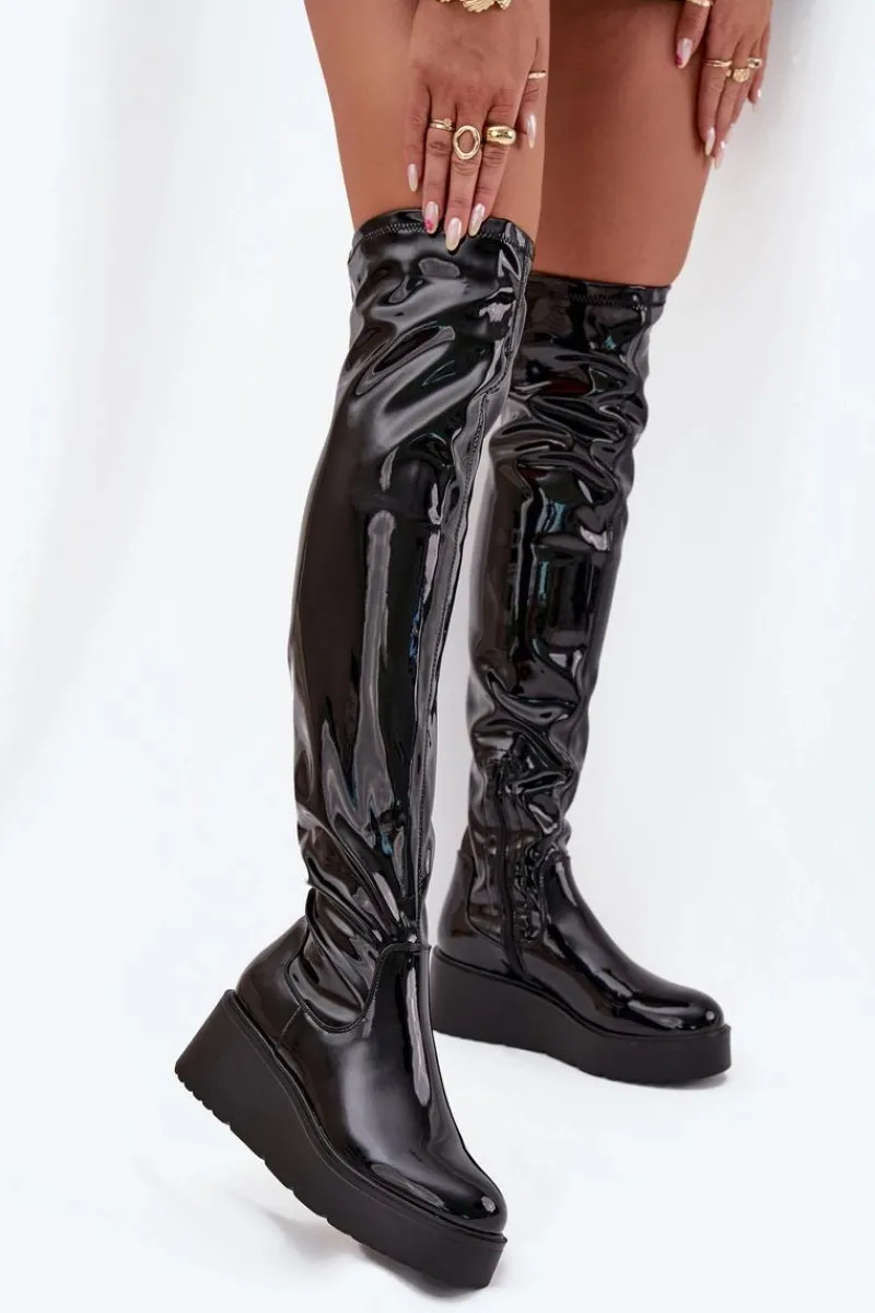 Sale Boto Lakierowane Kozaki Za Kolano Na Platformie I Delikatnym Koturnie Czarne Tavina
