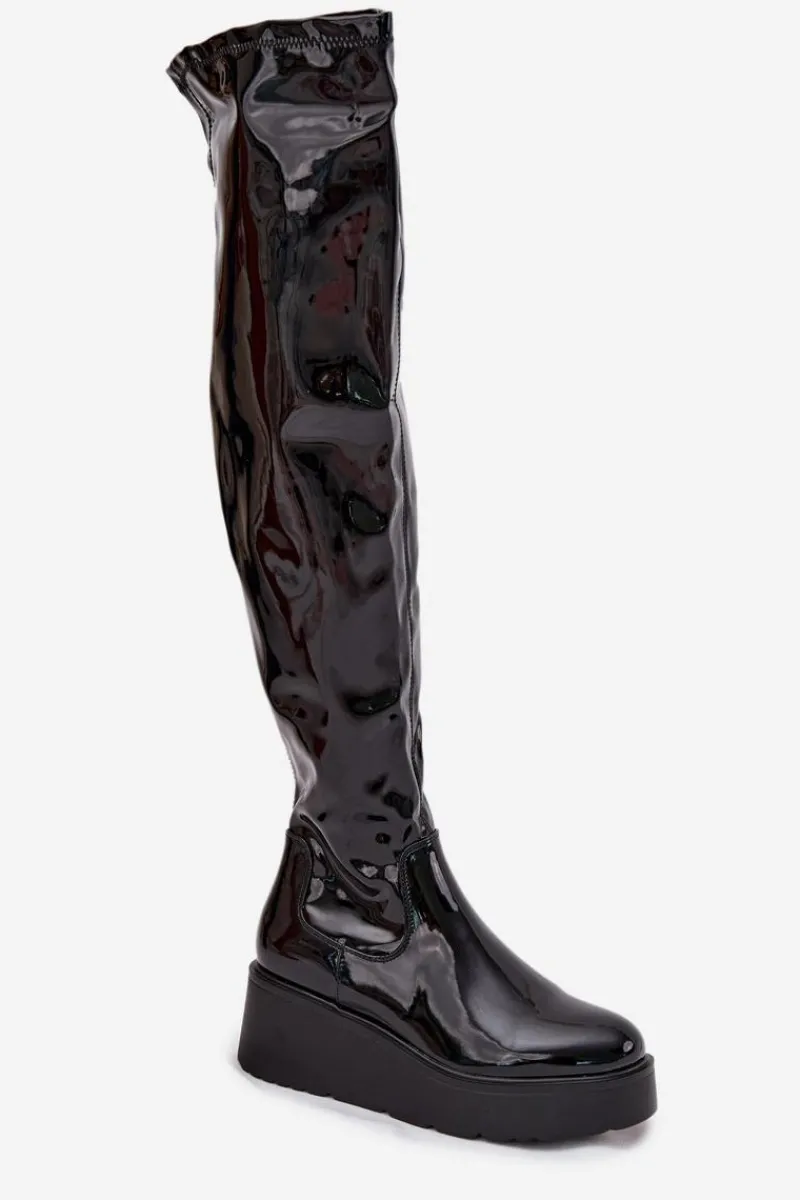 Sale Boto Lakierowane Kozaki Za Kolano Na Platformie I Delikatnym Koturnie Czarne Tavina