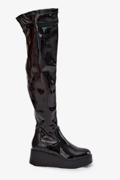 Sale Boto Lakierowane Kozaki Za Kolano Na Platformie I Delikatnym Koturnie Czarne Tavina