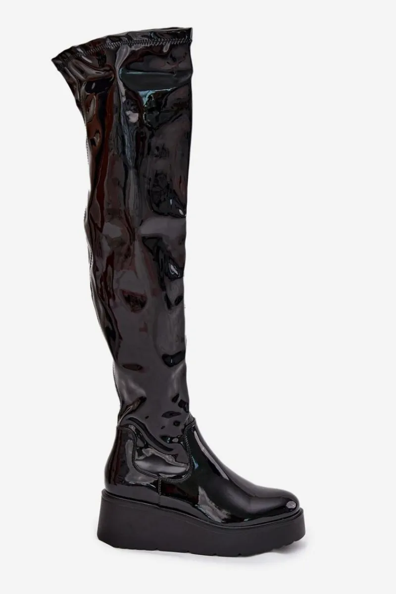 Sale Boto Lakierowane Kozaki Za Kolano Na Platformie I Delikatnym Koturnie Czarne Tavina