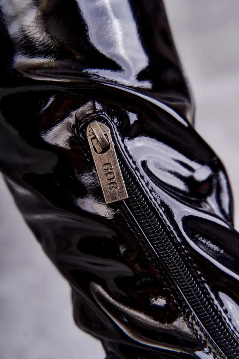 Kozaki Za Kolano|Kozaki Płaskie>GOE Lakierowane Kozaki Za Kolano Na Płaskim Obcasie KK2N4023 Czarne