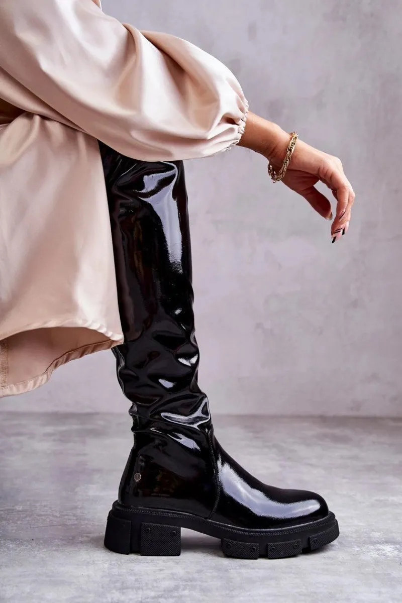 Kozaki Za Kolano|Kozaki Płaskie>GOE Lakierowane Kozaki Za Kolano Na Płaskim Obcasie KK2N4023 Czarne