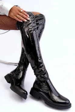 New Lakierowane Kozaki Za Kolano Na Płaskim Obcasie Czarne Rilema Damskie Kozaki Ocieplane|Muszkieterki