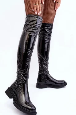 New Lakierowane Kozaki Za Kolano Na Płaskim Obcasie Czarne Rilema Damskie Kozaki Ocieplane|Muszkieterki