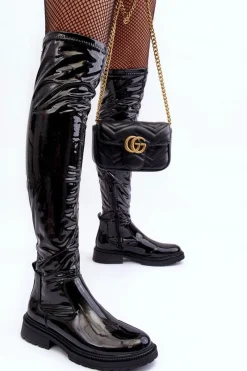 New Lakierowane Kozaki Za Kolano Na Płaskim Obcasie Czarne Rilema Damskie Kozaki Ocieplane|Muszkieterki