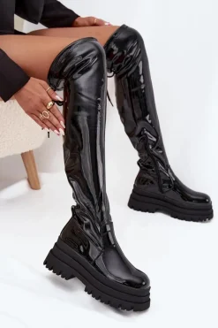 Kozaki Ocieplane|Muszkieterki>Boto Lakierowane Kozaki Za Kolano Na Masywnej Platformie Czarne Ravela