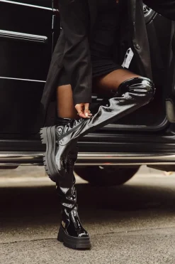 Kozaki Ocieplane|Muszkieterki>Boto Lakierowane Kozaki Za Kolano Na Masywnej Platformie Czarne Ravela