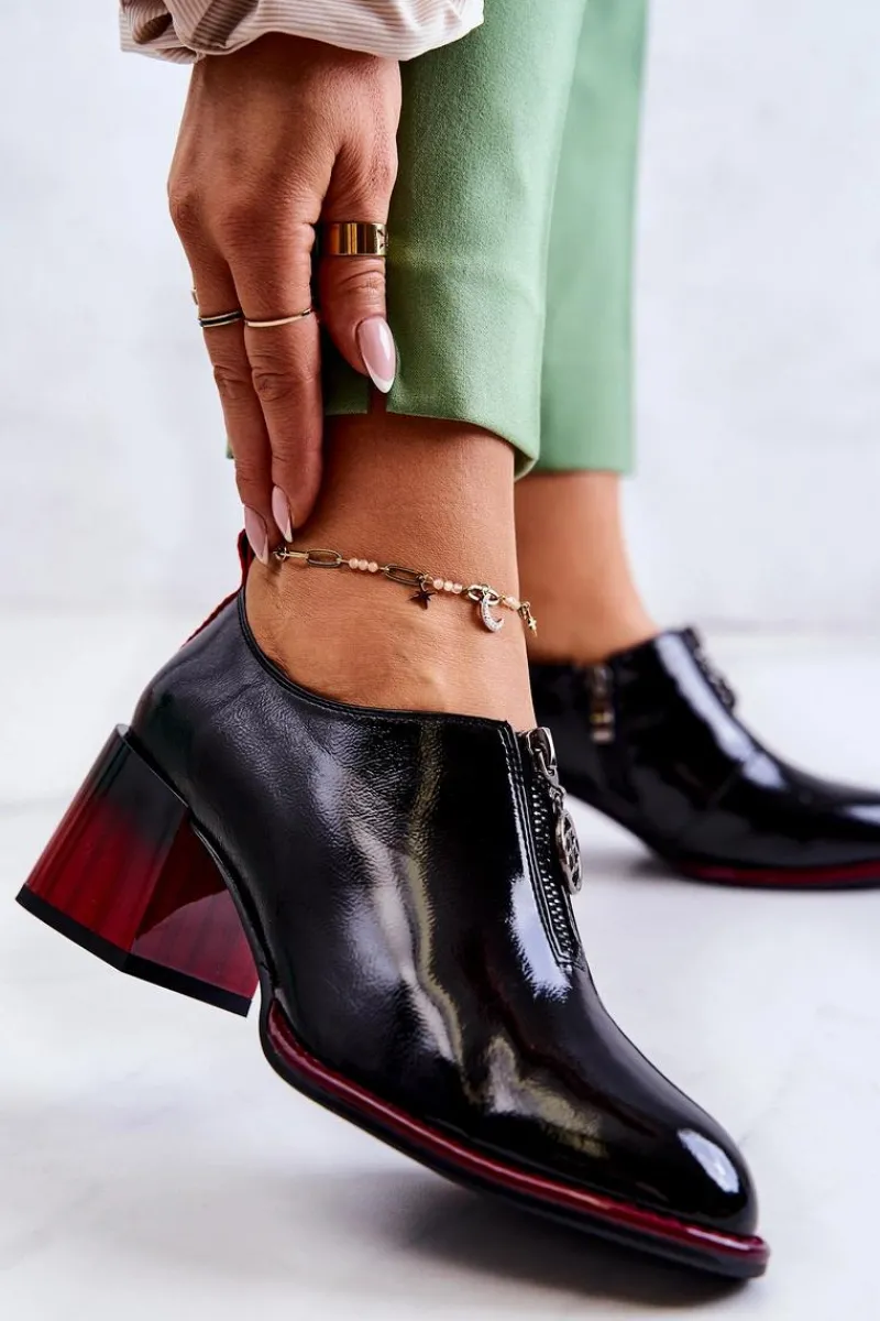 Półbuty Lakierowane>Damskie buty S.Barski Lakierowane Modne Półbuty Na Słupku Czarno-Czerwone Lorena