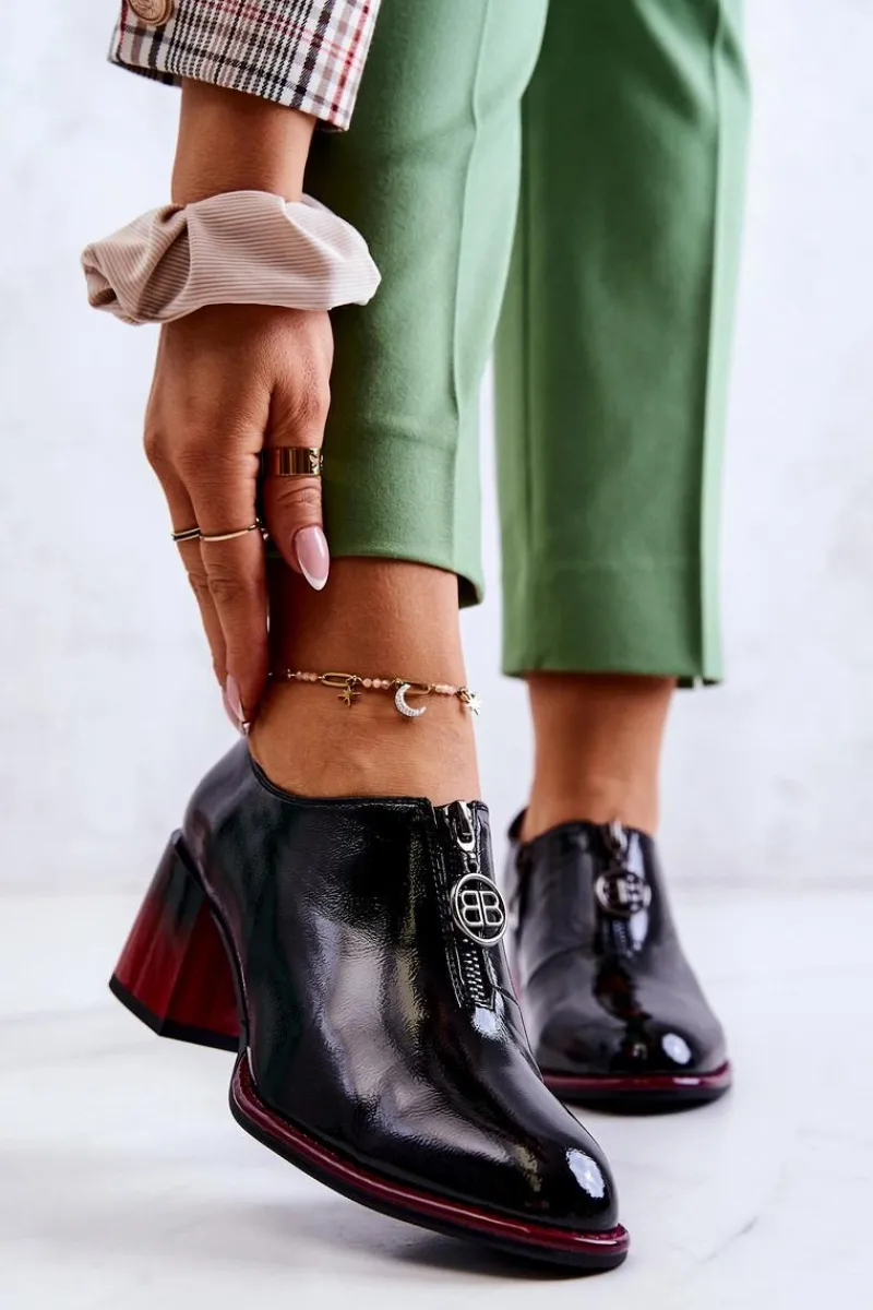 Półbuty Lakierowane>Damskie buty S.Barski Lakierowane Modne Półbuty Na Słupku Czarno-Czerwone Lorena