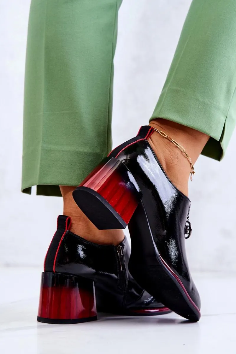 Półbuty Lakierowane>Damskie buty S.Barski Lakierowane Modne Półbuty Na Słupku Czarno-Czerwone Lorena