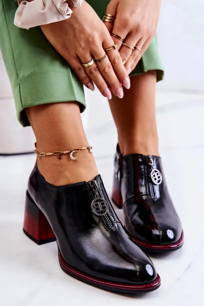 Półbuty Lakierowane>Damskie buty S.Barski Lakierowane Modne Półbuty Na Słupku Czarno-Czerwone Lorena