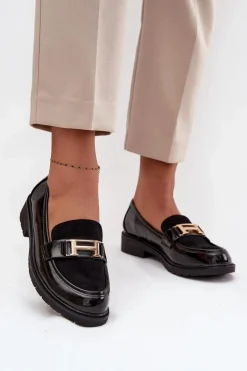 Best Lakierowane Mokasyny Damskie Ze Złotym Detalem S.Barski HY52-545 Czarne Damskie Mokasyny Płaskie|Mokasyny Damskie Lakierowane