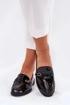 Clearance Boto Lakierowane Mokasyny Damskie Z Ozdobną Sprzączką Czarne Mollan