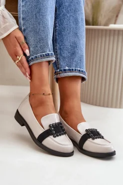 Outlet Lakierowane Mokasyny Damskie Z Ozdobą Jasnoszare Vinceza 58389 Damskie Loafersy Damskie|Mokasyny Płaskie