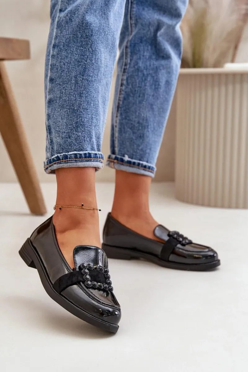 Loafersy Damskie|Mokasyny Płaskie>Buty damskie Vinceza Lakierowane Mokasyny Damskie Z Ozdobą Czarne Vinceza 58389 Czarny