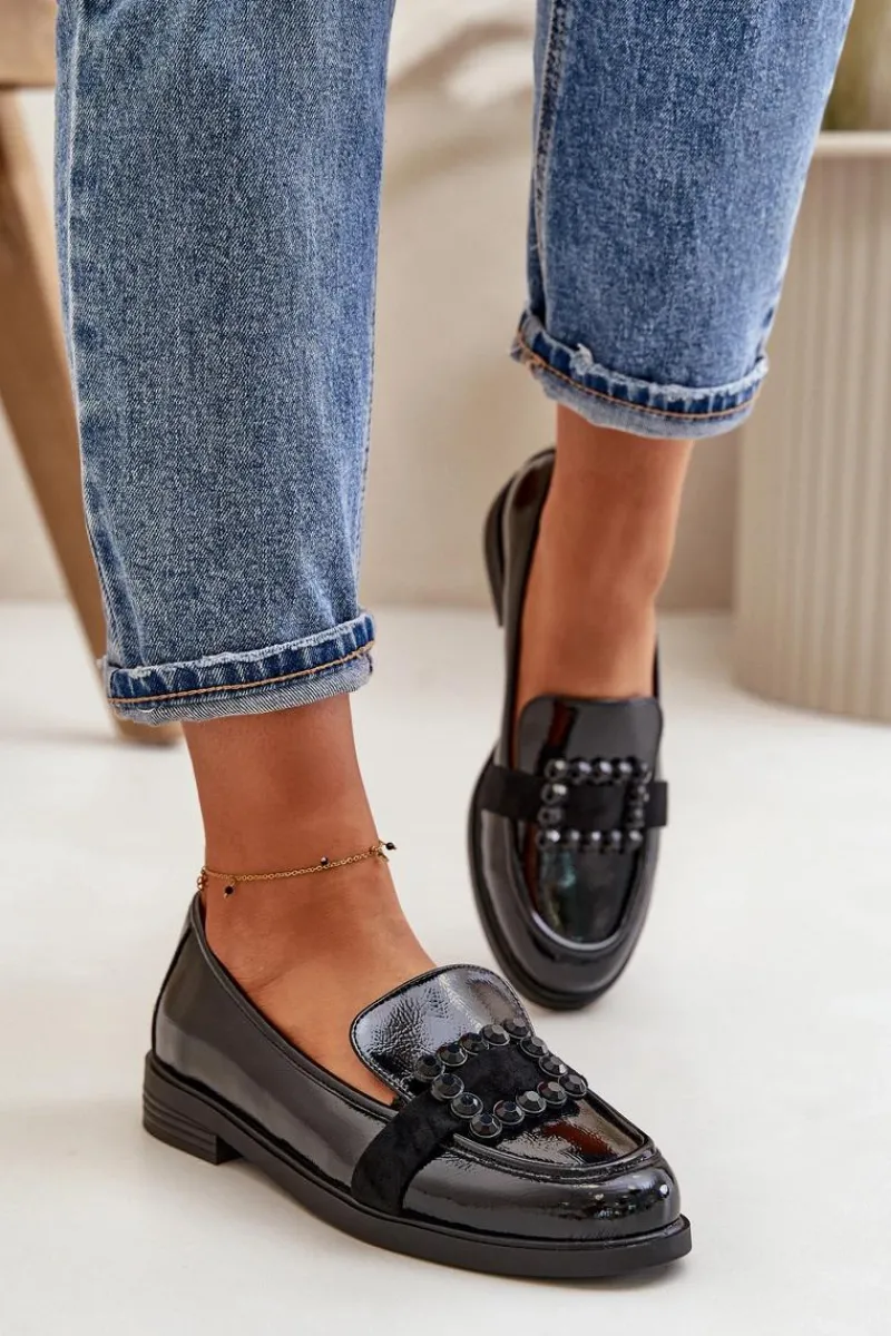 Loafersy Damskie|Mokasyny Płaskie>Buty damskie Vinceza Lakierowane Mokasyny Damskie Z Ozdobą Czarne Vinceza 58389 Czarny