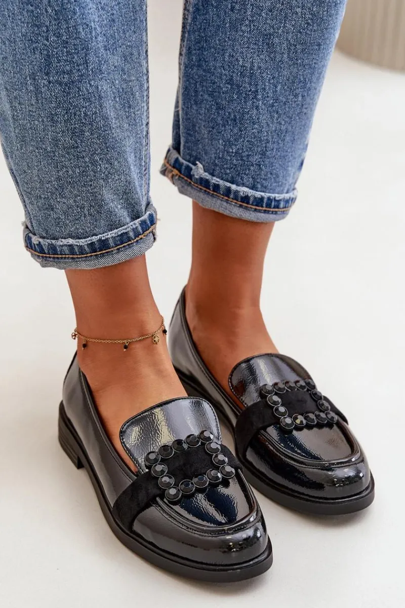 Loafersy Damskie|Mokasyny Płaskie>Buty damskie Vinceza Lakierowane Mokasyny Damskie Z Ozdobą Czarne Vinceza 58389 Czarny