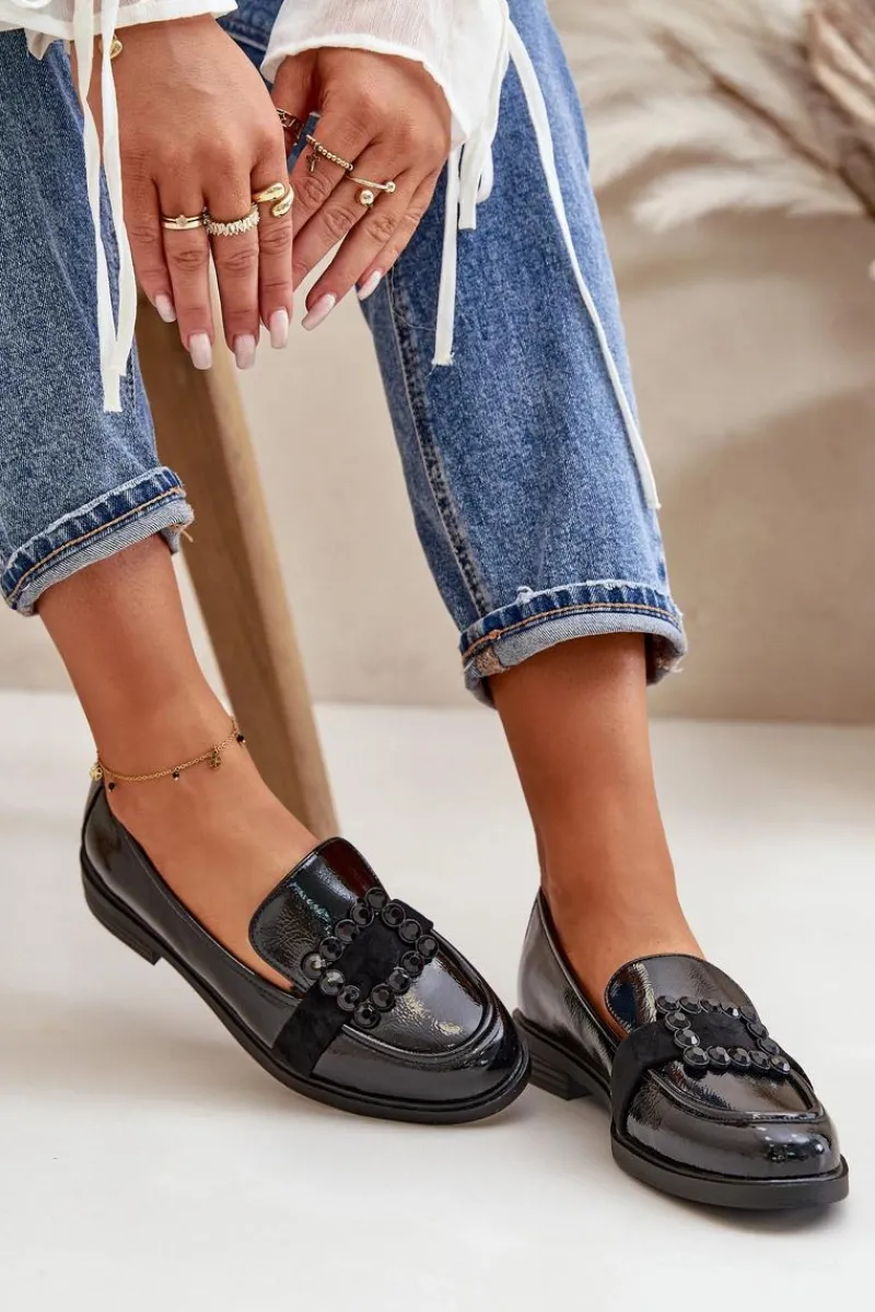 Loafersy Damskie|Mokasyny Płaskie>Buty damskie Vinceza Lakierowane Mokasyny Damskie Z Ozdobą Czarne Vinceza 58389 Czarny