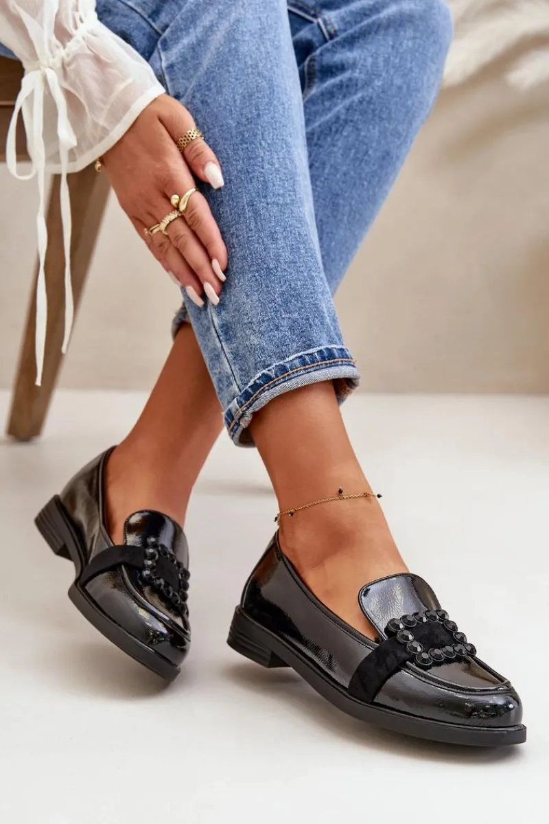 Loafersy Damskie|Mokasyny Płaskie>Buty damskie Vinceza Lakierowane Mokasyny Damskie Z Ozdobą Czarne Vinceza 58389 Czarny