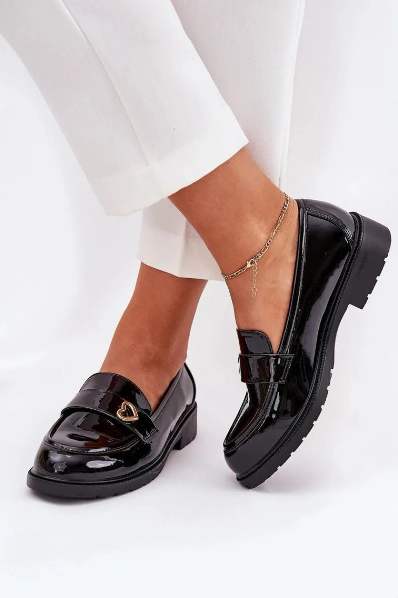 Mokasyny Płaskie|Mokasyny Damskie Lakierowane>Damskie buty S.Barski Lakierowane Mokasyny Damskie Z Serduszkiem S.Barski HY51-379 Czarne