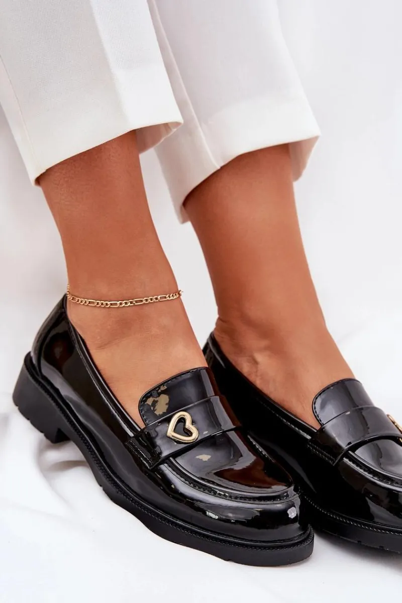 Mokasyny Płaskie|Mokasyny Damskie Lakierowane>Damskie buty S.Barski Lakierowane Mokasyny Damskie Z Serduszkiem S.Barski HY51-379 Czarne