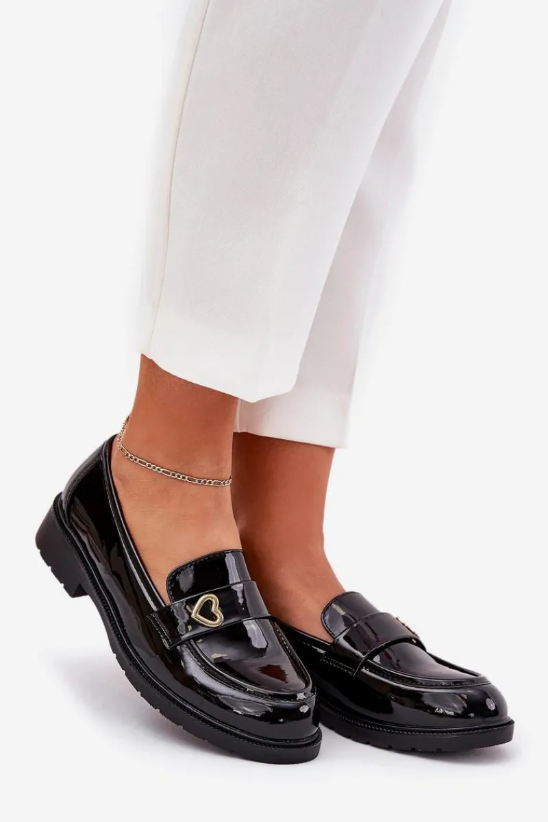 Mokasyny Płaskie|Mokasyny Damskie Lakierowane>Damskie buty S.Barski Lakierowane Mokasyny Damskie Z Serduszkiem S.Barski HY51-379 Czarne
