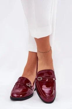 Clearance Boto Lakierowane Mokasyny Damskie Z Ozdobną Sprzączką Bordowe Mollan