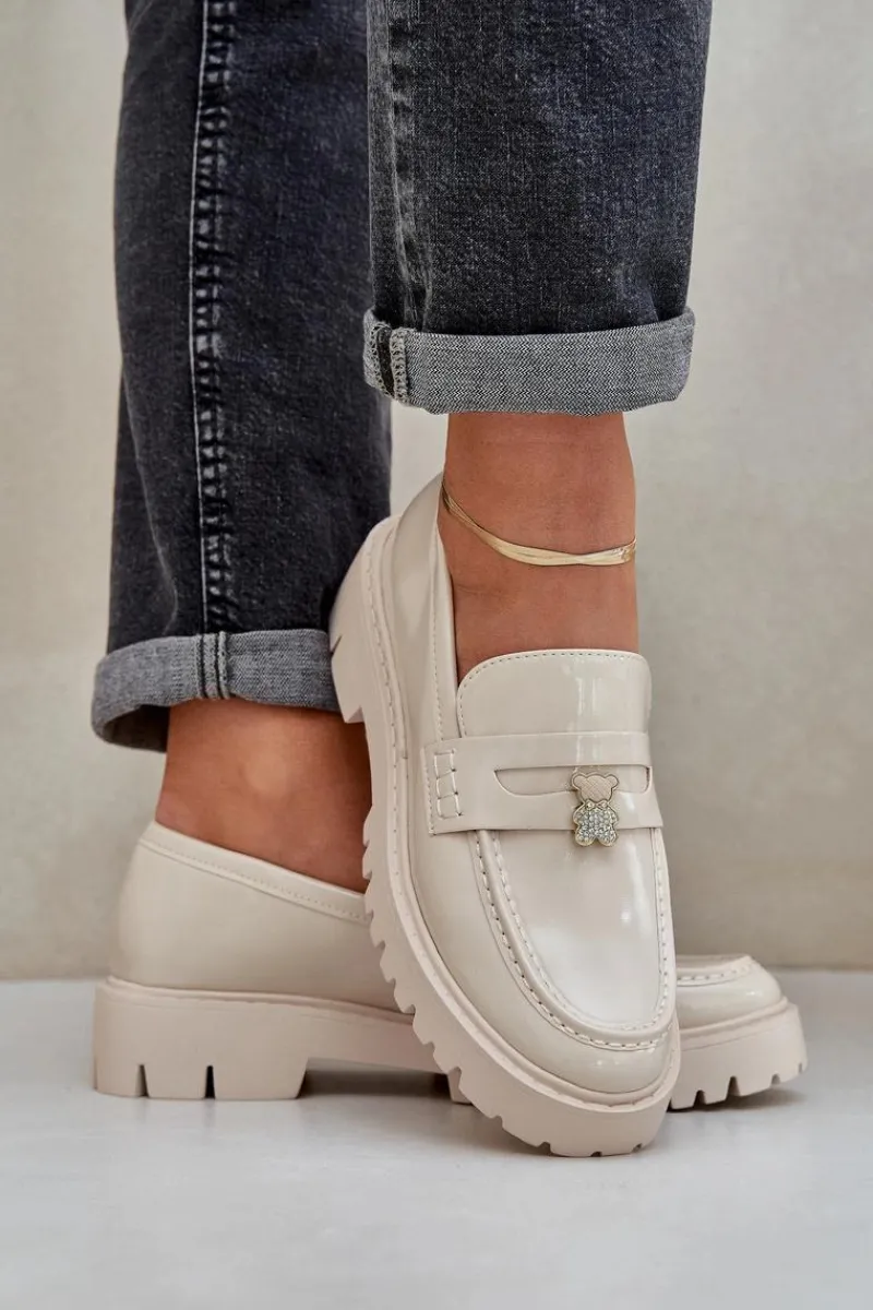 Loafersy Damskie|Mokasyny Płaskie>Boto Lakierowane Mokasyny Damskie Z Przypinką Miś Beżowe Wulinea Beżowy