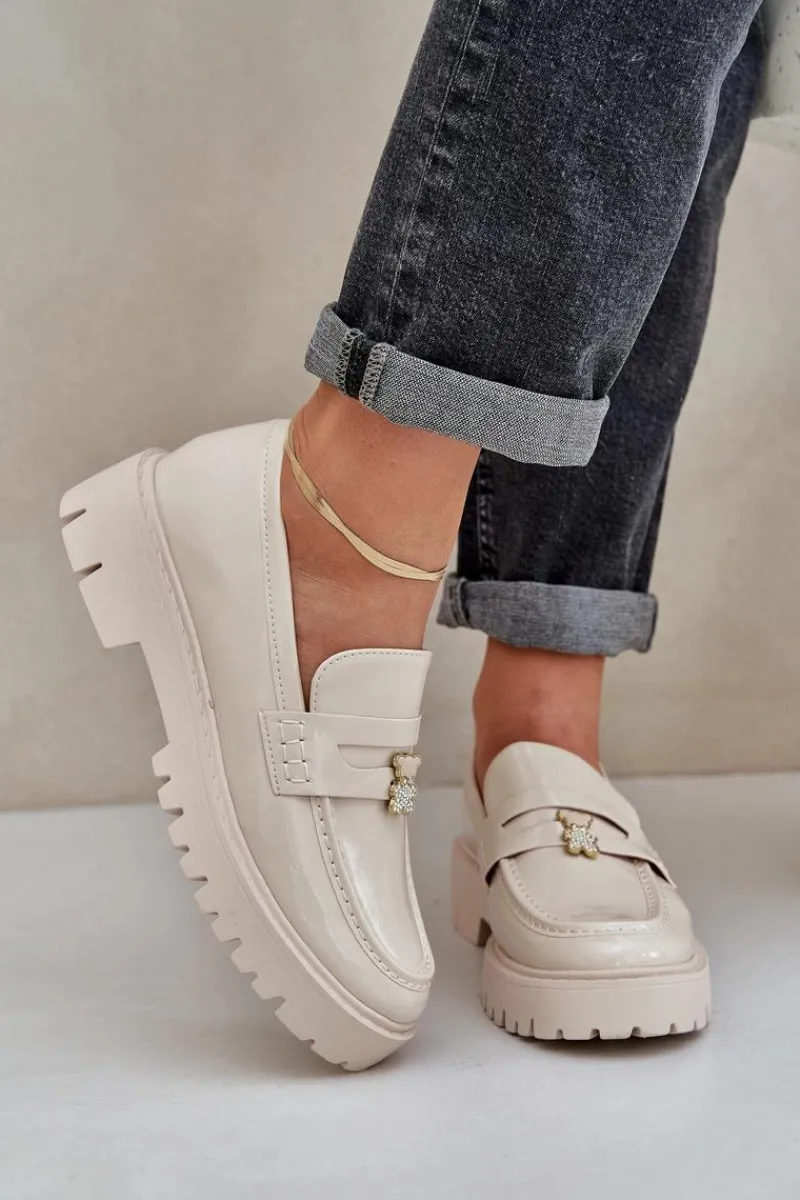 Loafersy Damskie|Mokasyny Płaskie>Boto Lakierowane Mokasyny Damskie Z Przypinką Miś Beżowe Wulinea Beżowy