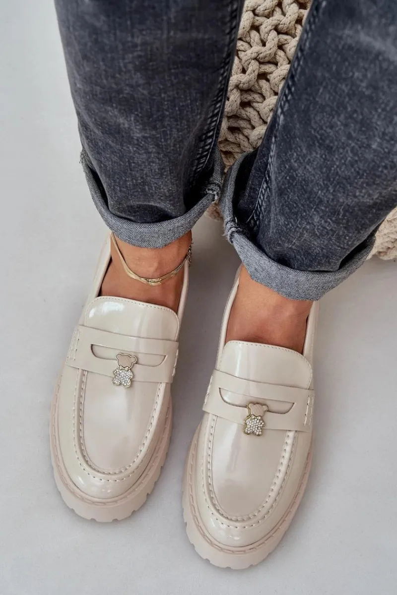 Loafersy Damskie|Mokasyny Płaskie>Boto Lakierowane Mokasyny Damskie Z Przypinką Miś Beżowe Wulinea Beżowy