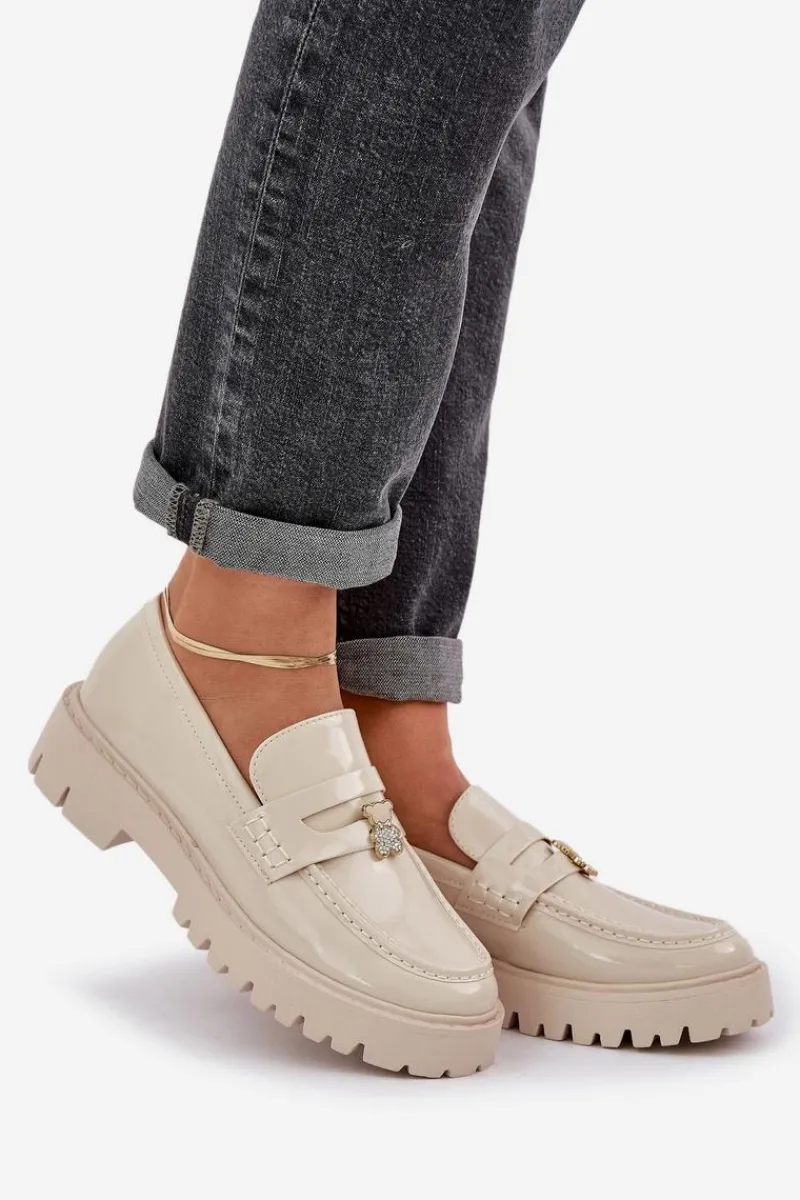 Loafersy Damskie|Mokasyny Płaskie>Boto Lakierowane Mokasyny Damskie Z Przypinką Miś Beżowe Wulinea Beżowy