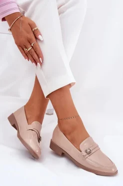 Loafersy Damskie|Mokasyny Płaskie>Boto Lakierowane Mokasyny Damskie Z Ozdobną Sprzączką Beżowe Mollan