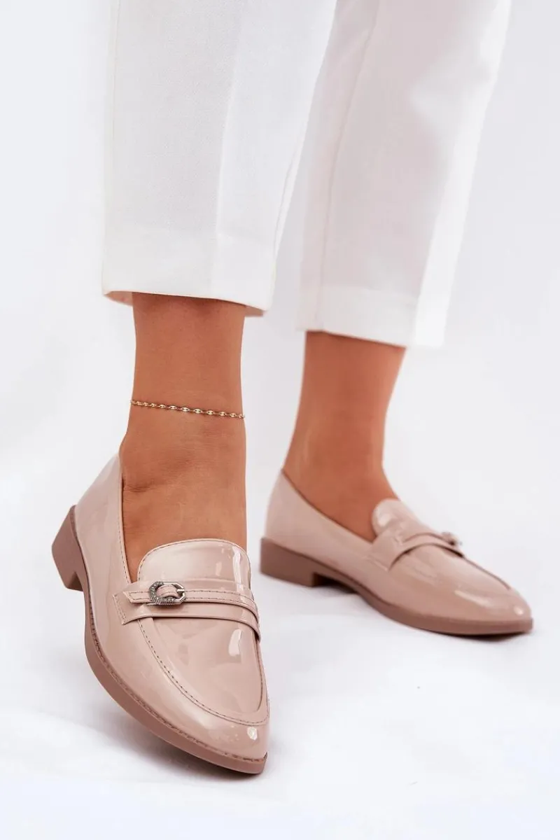 Loafersy Damskie|Mokasyny Płaskie>Boto Lakierowane Mokasyny Damskie Z Ozdobną Sprzączką Beżowe Mollan