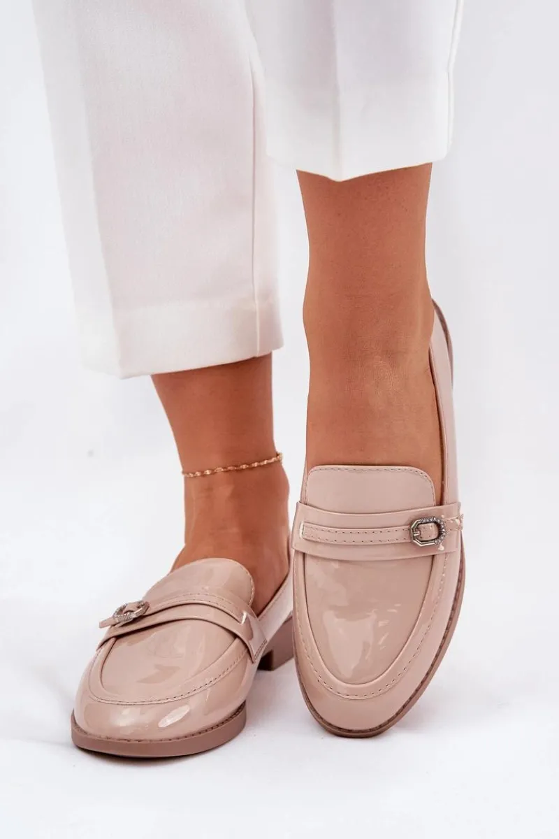 Loafersy Damskie|Mokasyny Płaskie>Boto Lakierowane Mokasyny Damskie Z Ozdobną Sprzączką Beżowe Mollan