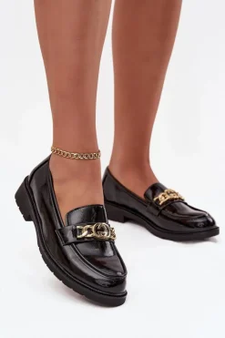 Outlet D&A Lakierowane Mokasyny Damskie Ze Złotą Ozdobą S.Barski HY52-539 Czarne Czarny