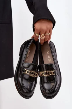 Outlet D&A Lakierowane Mokasyny Damskie Ze Złotą Ozdobą S.Barski HY52-539 Czarne Czarny